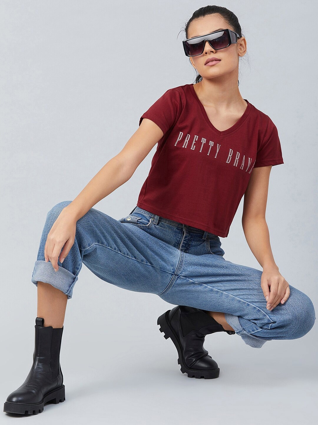 

CHIMPAAANZEE Women Maroon Typography Printed V-Neck Pure Cotton T-shirt
