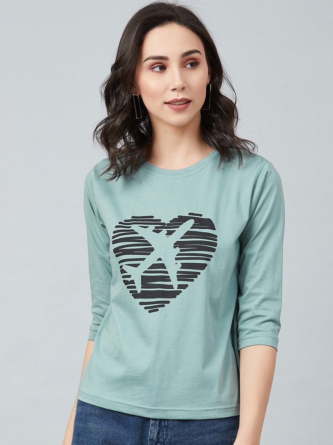 

CHIMPAAANZEE Women Green Printed Pure Cotton T-shirt