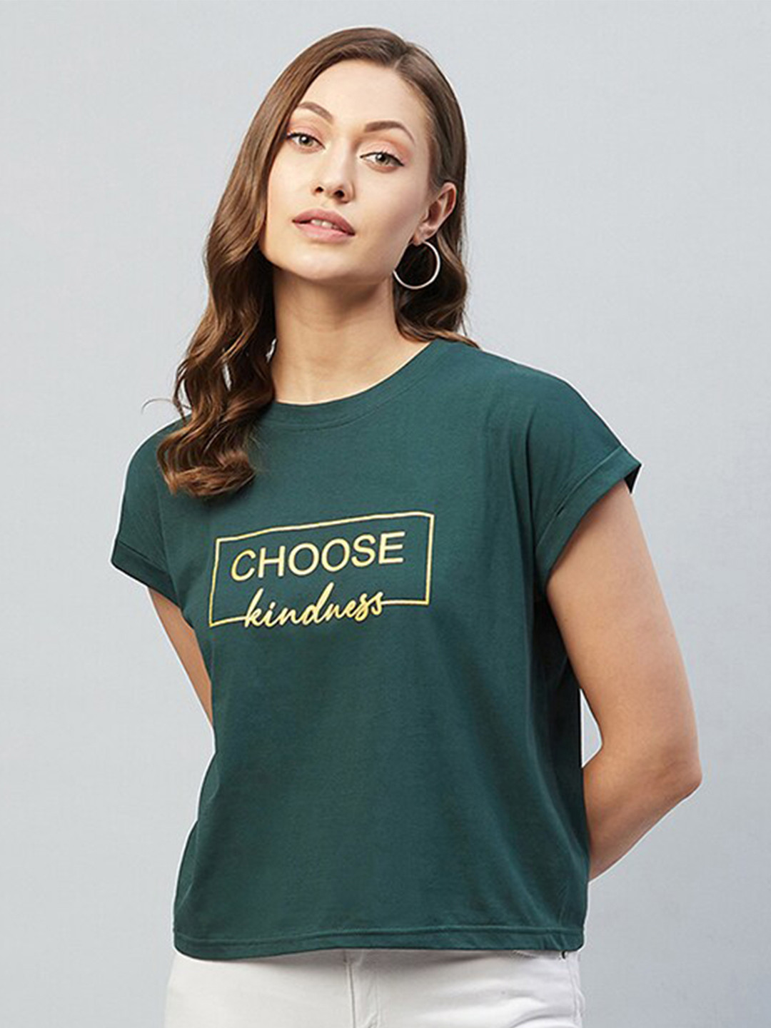 

CHIMPAAANZEE Women Green Typography Printed Extended Sleeves Oversized T-shirt