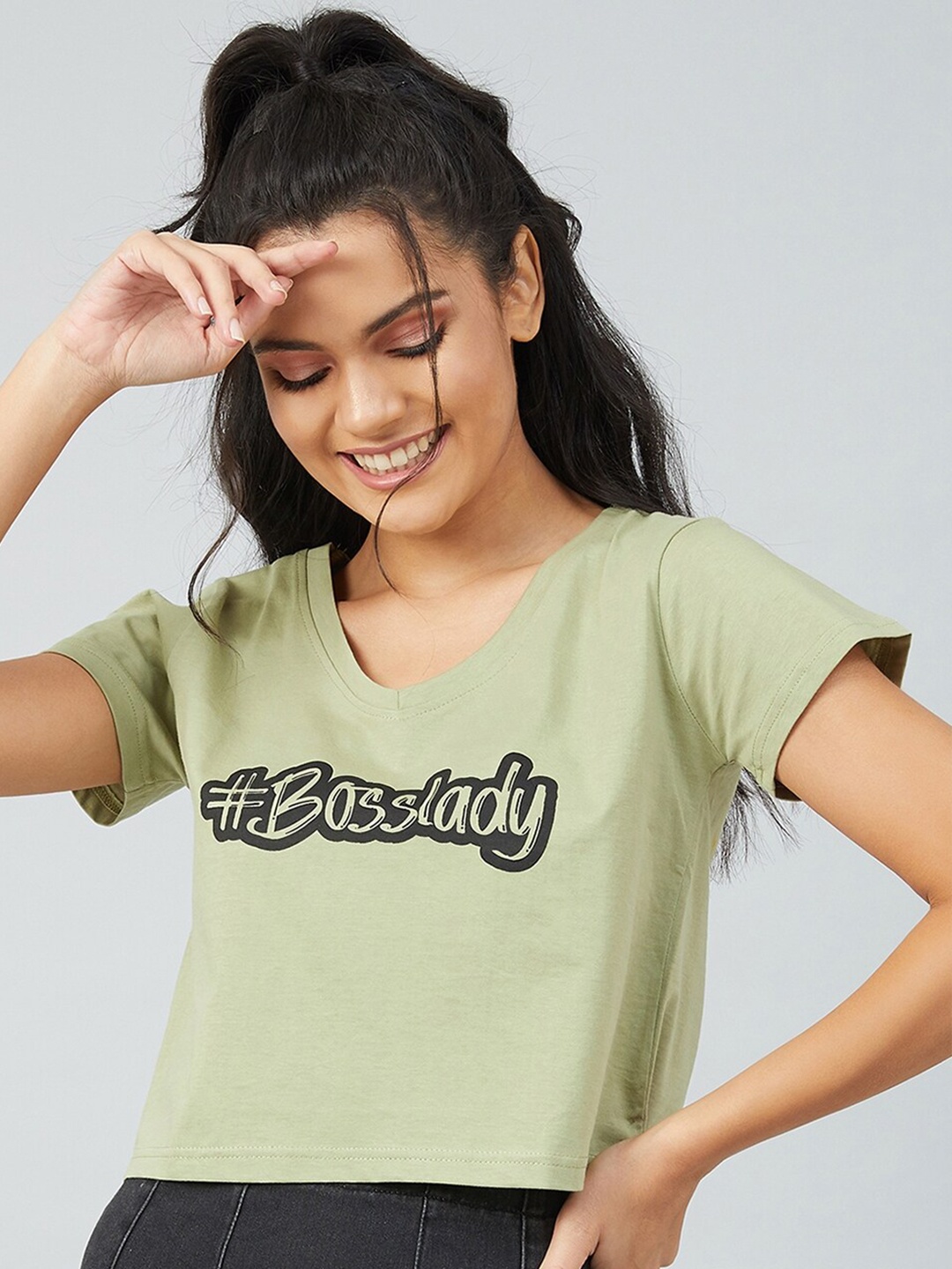 

CHIMPAAANZEE Women Green Typography Printed Crop T-shirt