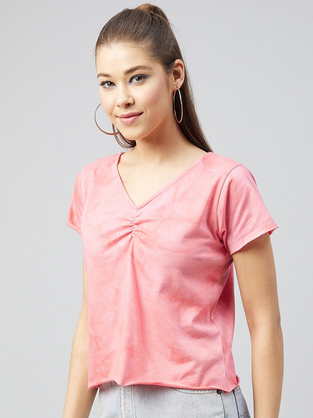 

CHIMPAAANZEE Women Pink Tie and Dye Dyed V-Neck T-shirt