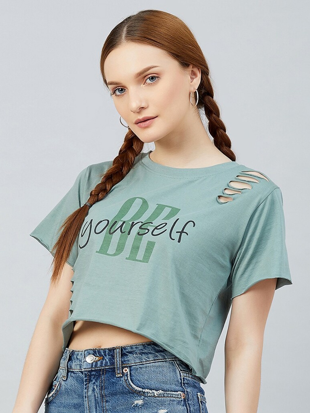 

CHIMPAAANZEE Women Green Typography Printed 100% Cotton Crop T-shirt
