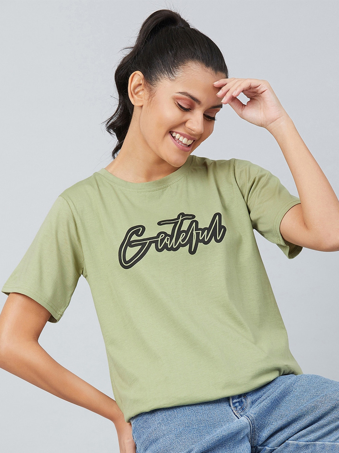 

CHIMPAAANZEE Women Green Typography Printed Oversized Cotton T-shirt
