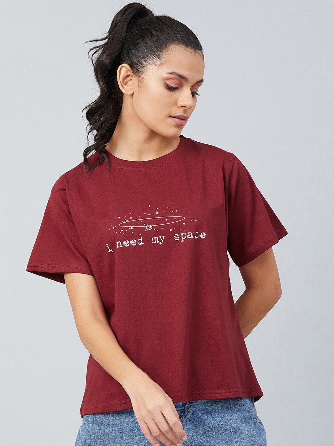 

CHIMPAAANZEE Women Maroon Typography Printed Oversized T-shirt