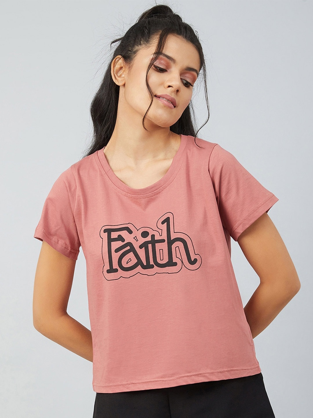 

CHIMPAAANZEE Women Pink Typography Printed Round-Neck 100% Cotton T-shirt