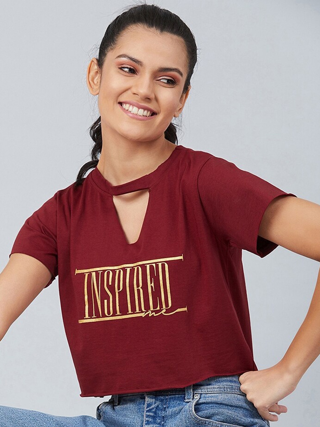 

CHIMPAAANZEE Women Maroon Typography Pure Cotton Printed T-shirt