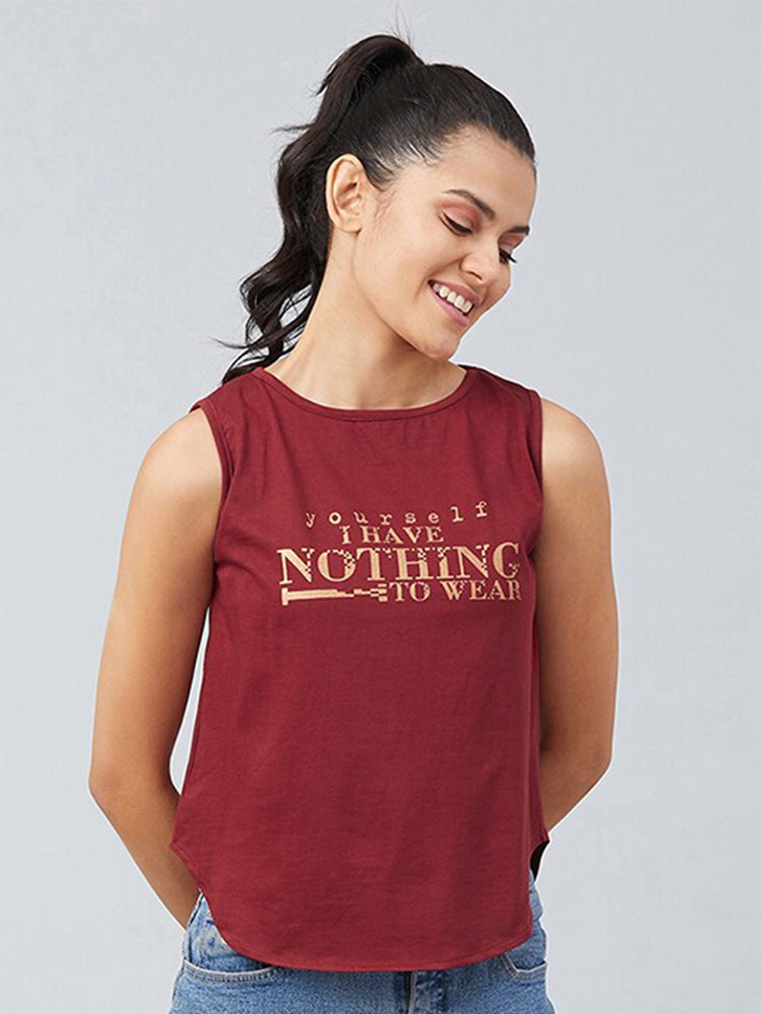 CHIMPAAANZEE Women Maroon Typography Printed T-shirt