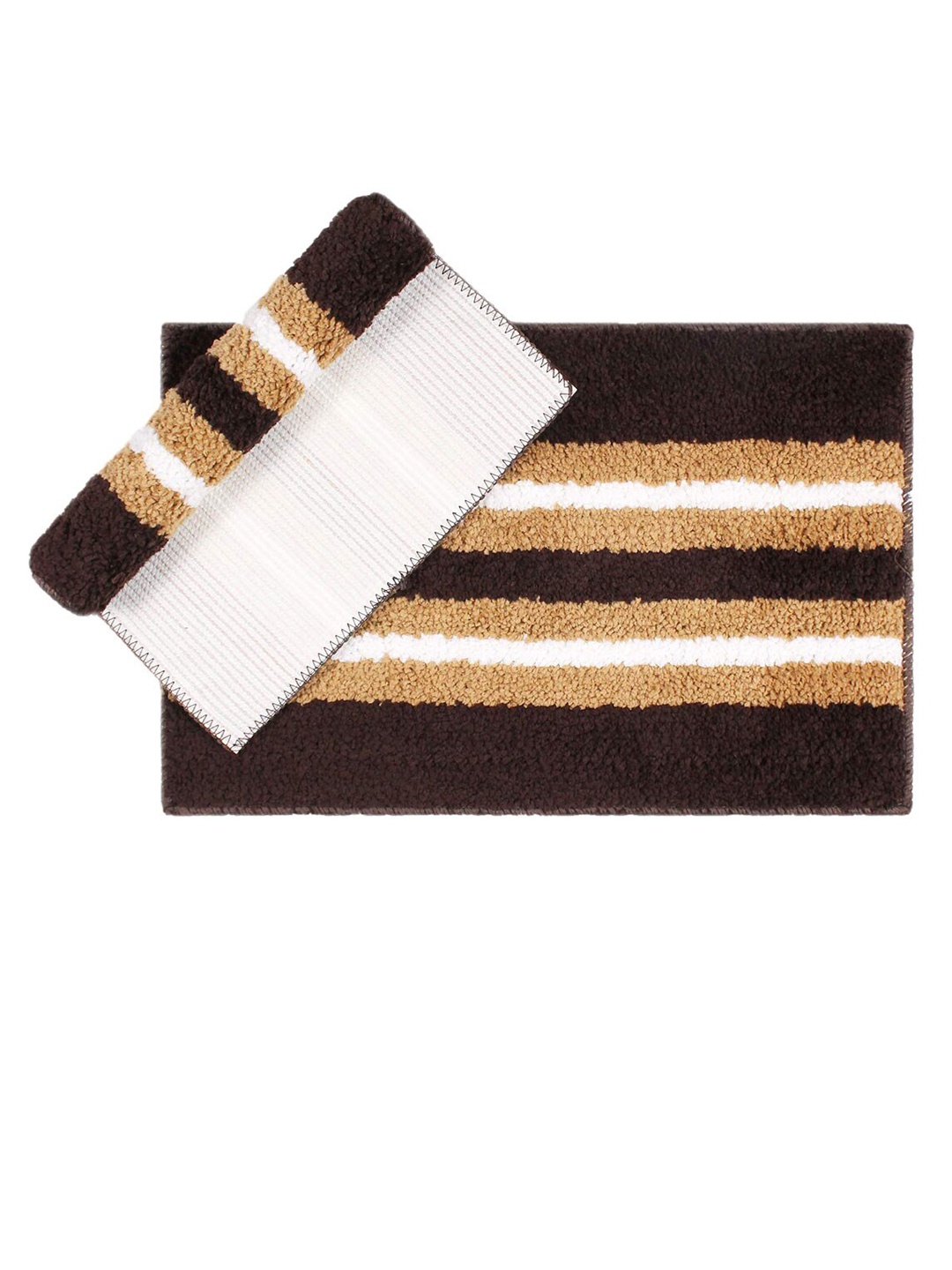 

LUXEHOME INTERNATIONAL Unisex Set Of 2 Brown & Yellow Striped Microfibre 1800 GSM Bath Rug