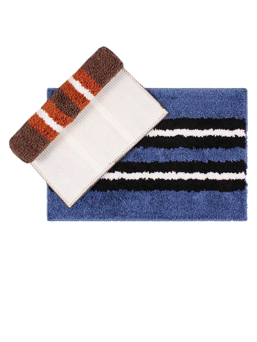 

LUXEHOME INTERNATIONAL Rust & Blue Set of 2 Stripped Bath Rugs