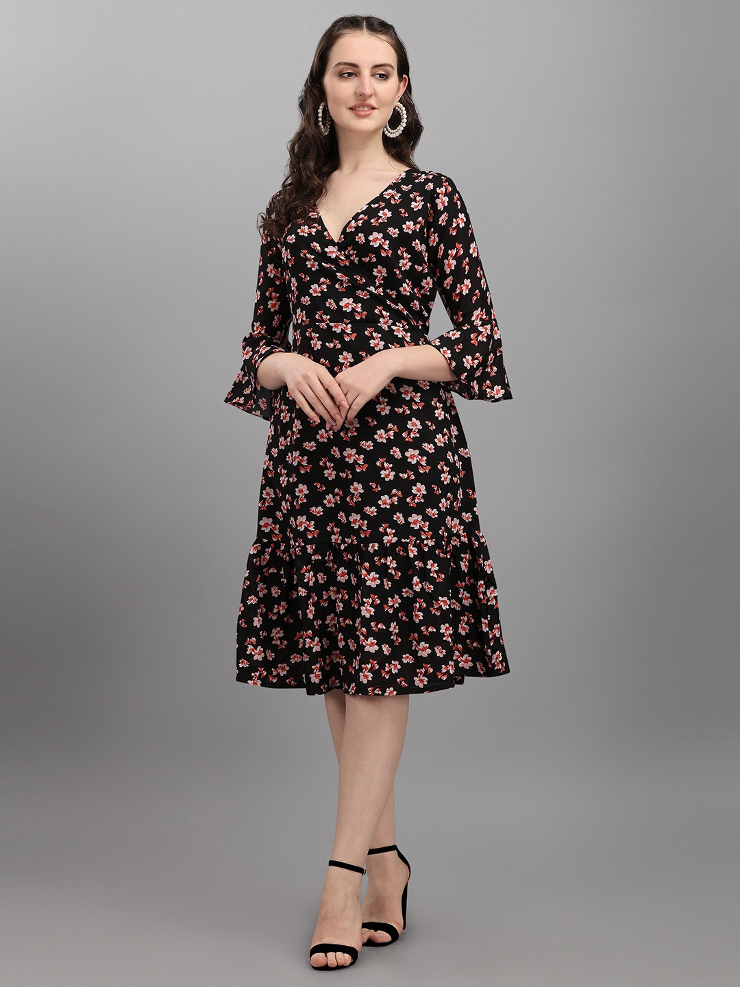 

Wedani Black & Pink Floral Printed Linen Chiffon Fit and Flare Dress