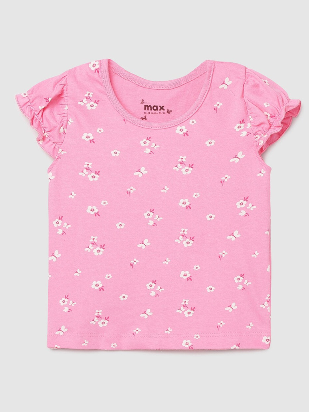 

max Girls Pink Floral Printed Cotton T-shirt