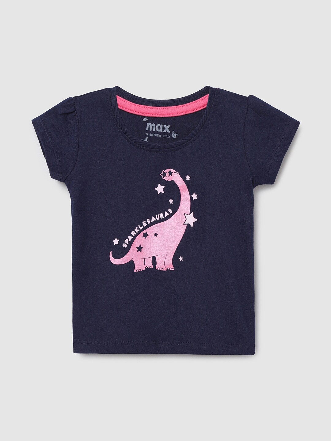 

max Girls Navy Blue Printed Cotton T-shirt