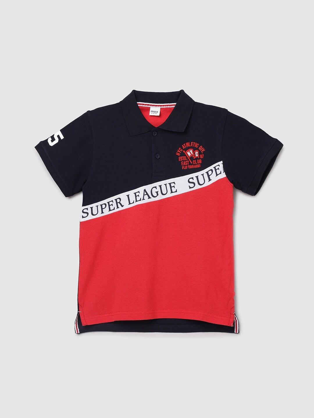 

max Boys Navy Blue & Red Colourblocked Polo Collar Pure Cotton T-shirt