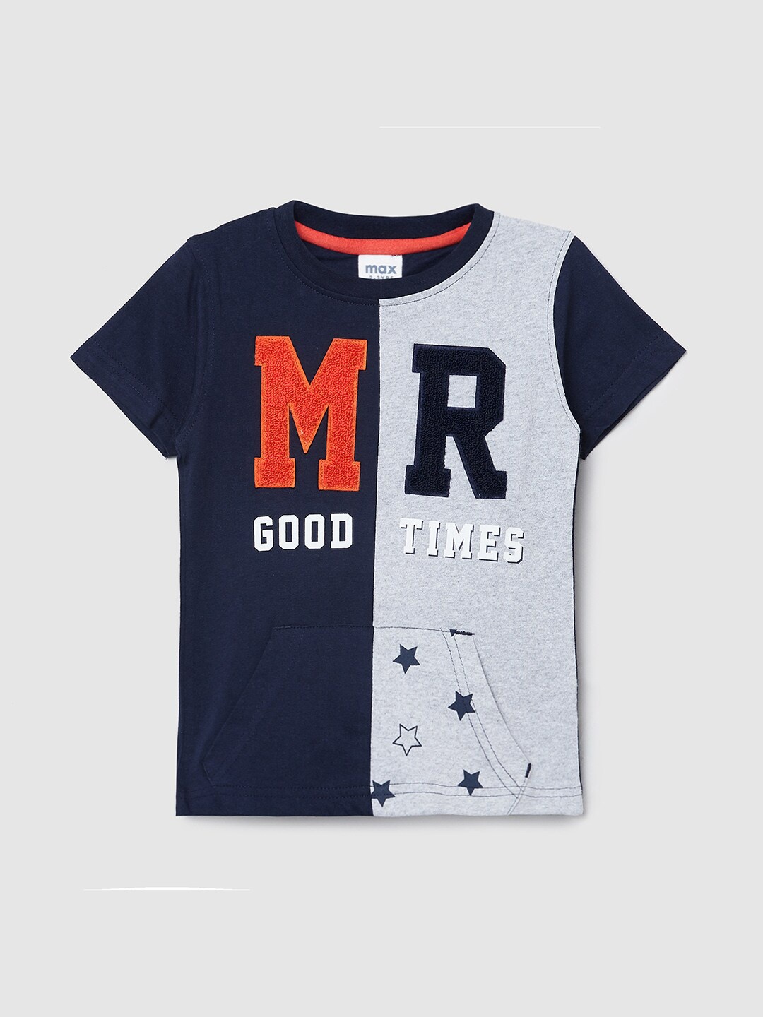 

max Boys Navy Blue & Grey Typography Printed 100% COTTON Regular T-shirt