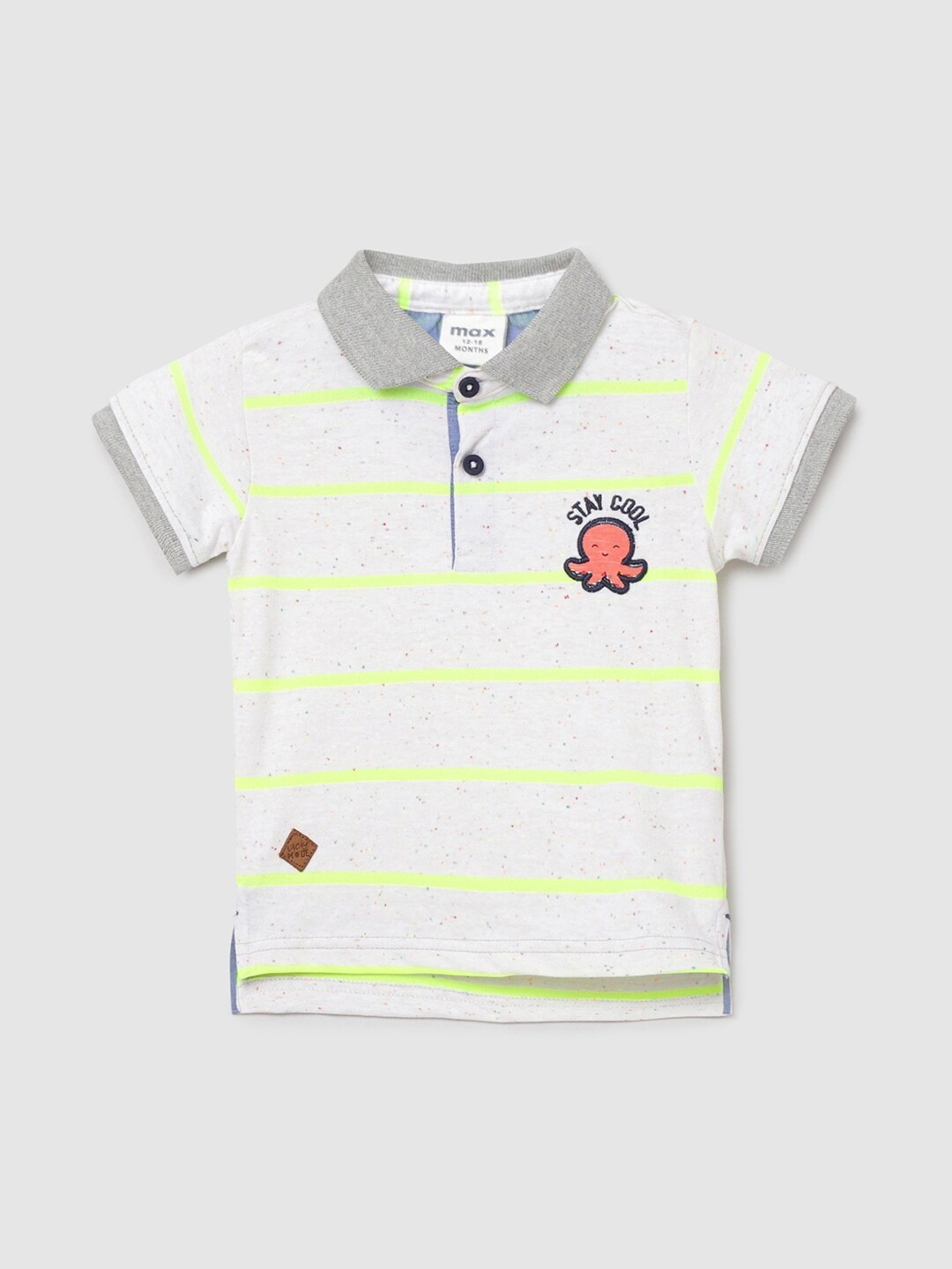 

max Boys White & Yellow Striped Polo Collar Applique Pure Cotton T-shirt