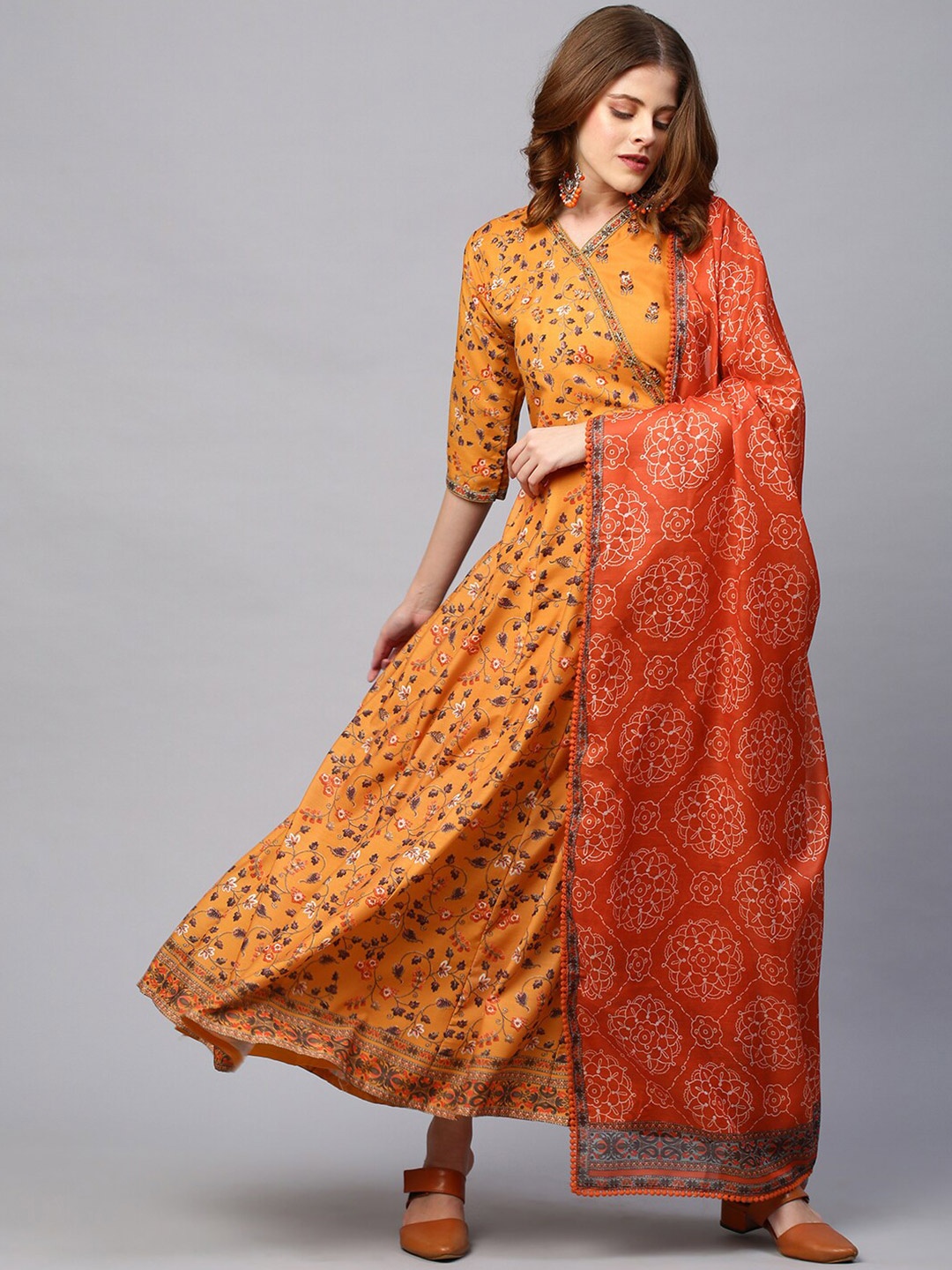 

FASHOR Women Mustard Yellow Ethnic Motifs Printed Maxi Dress with Dupatta