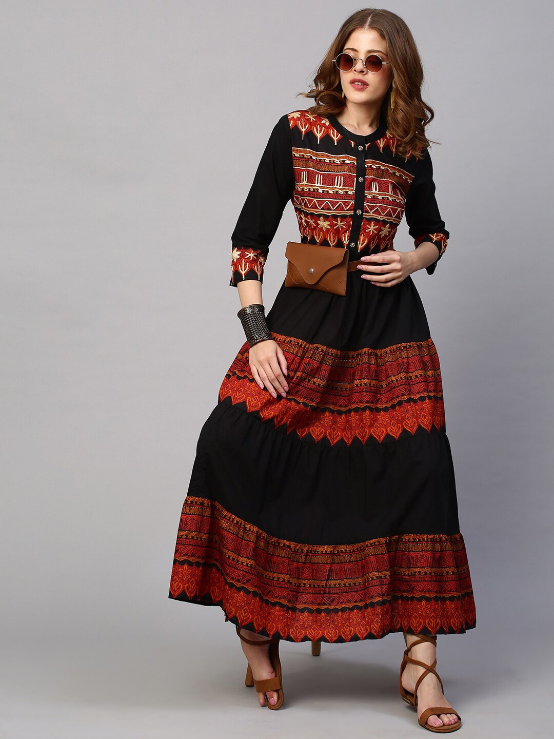 

FASHOR Black Ethnic Motifs Georgette Maxi Dress