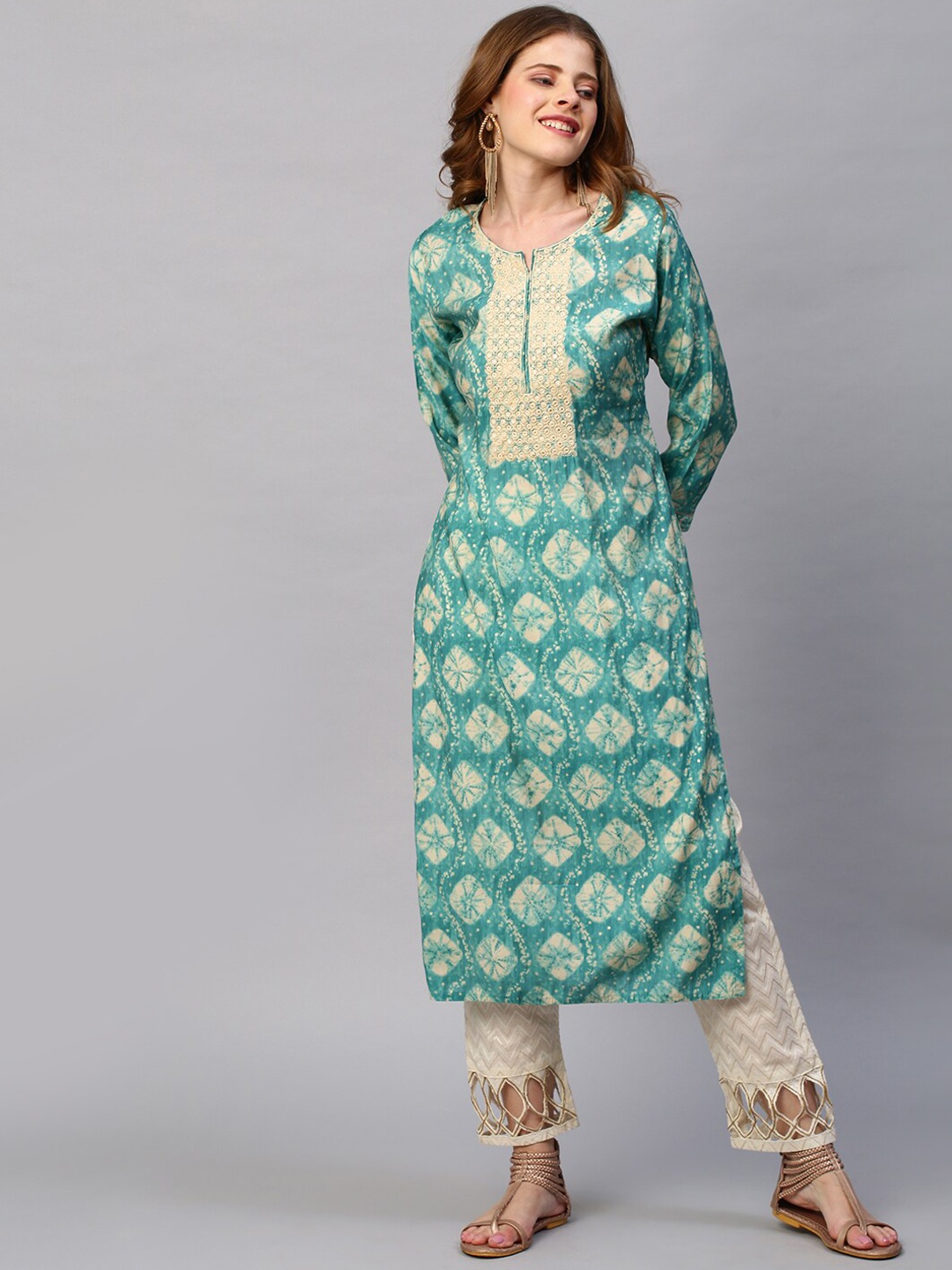 

FASHOR Women Sea Green Bandhani Dyed Thread Work Kurta
