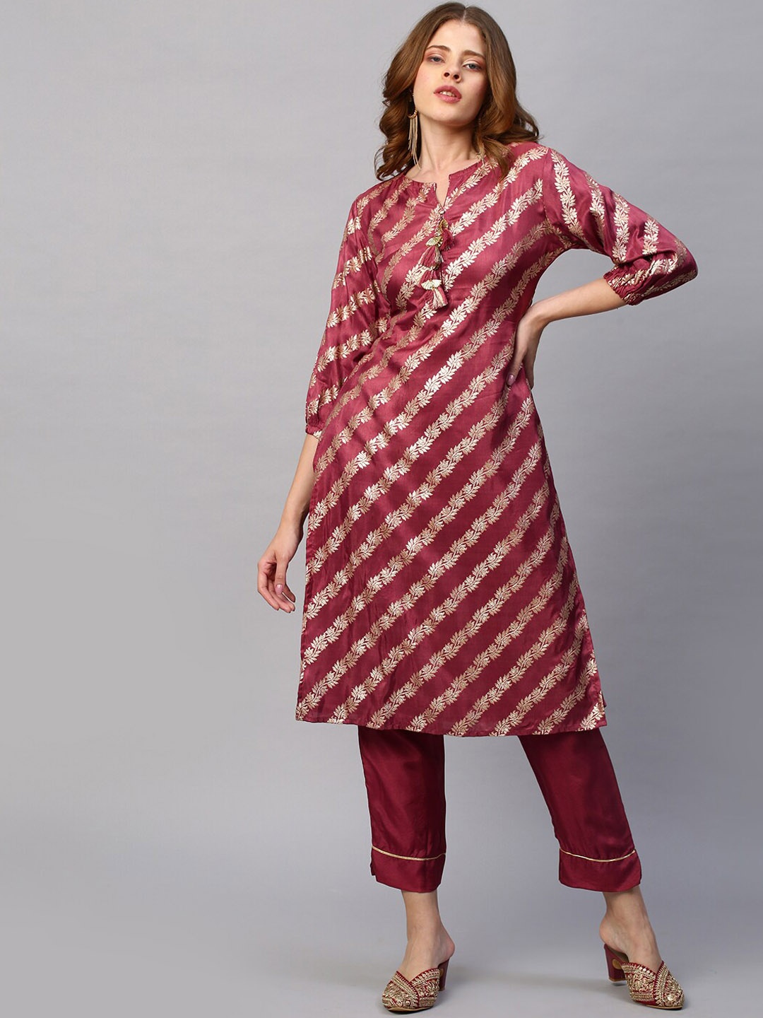 

FASHOR Women Burgundy Striped Kurta with Trousers