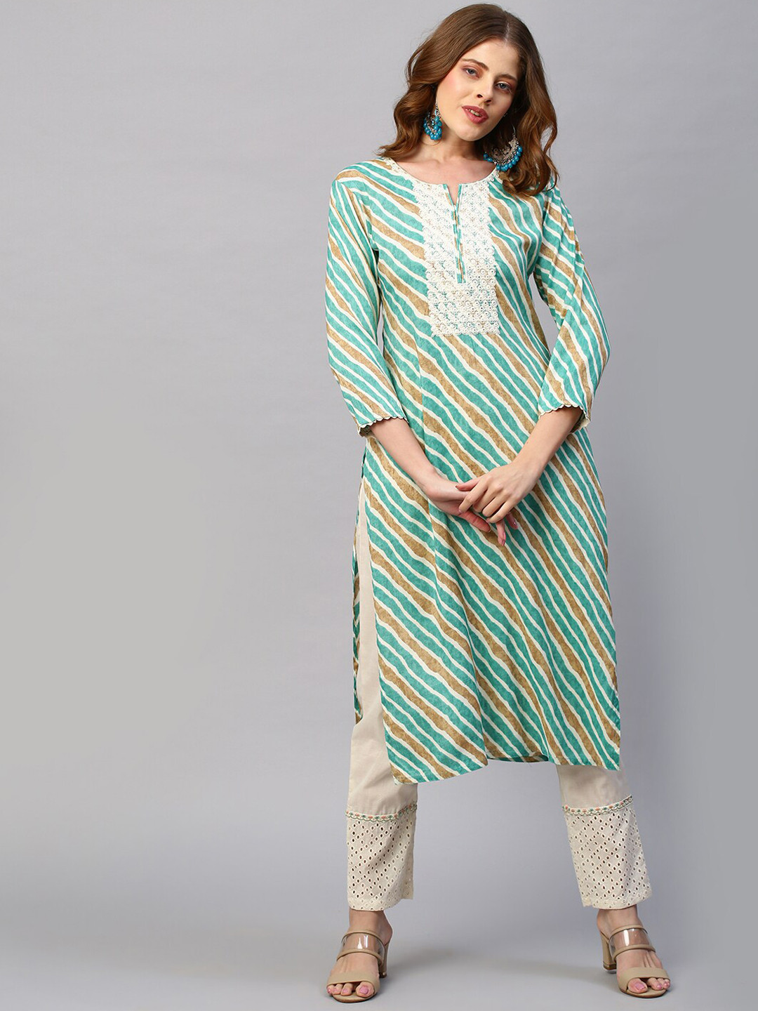 

FASHOR Women Green Striped Flared Sleeves Kurta