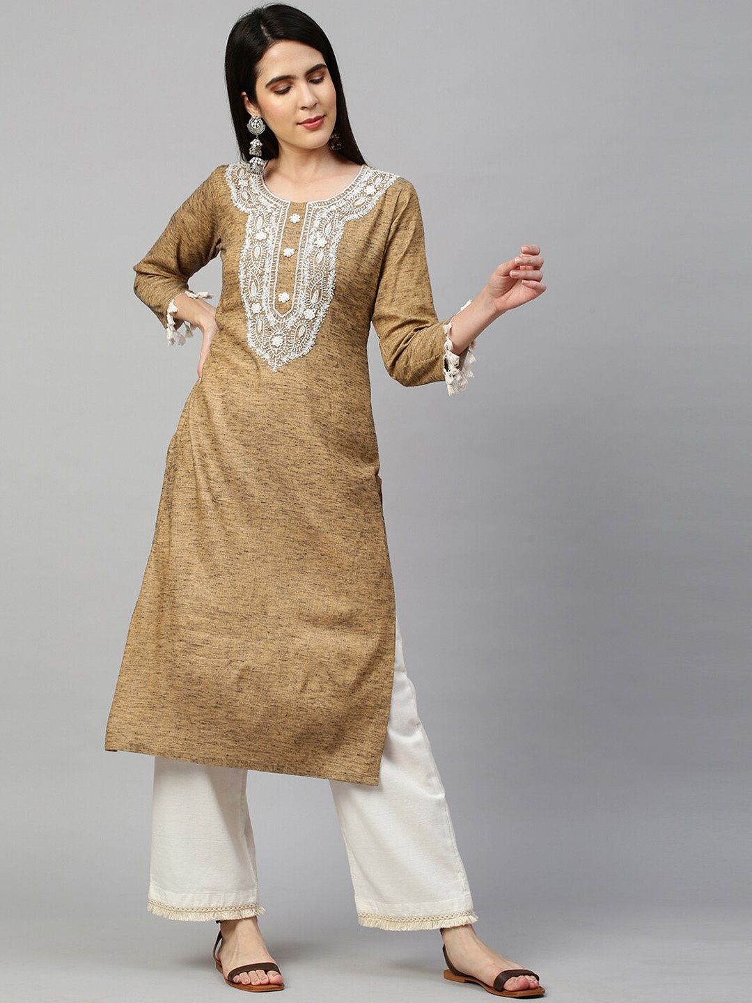 

FASHOR Women Brown Woven Design Thread Work Kurta