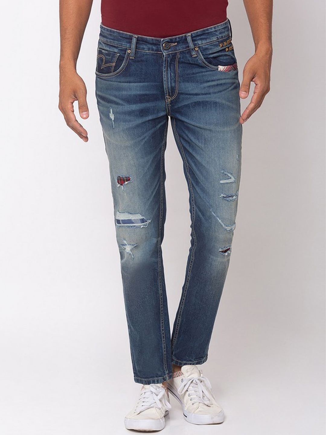 

SPYKAR Men Blue Slim Fit Mildly Distressed Light Fade Cotton Jeans