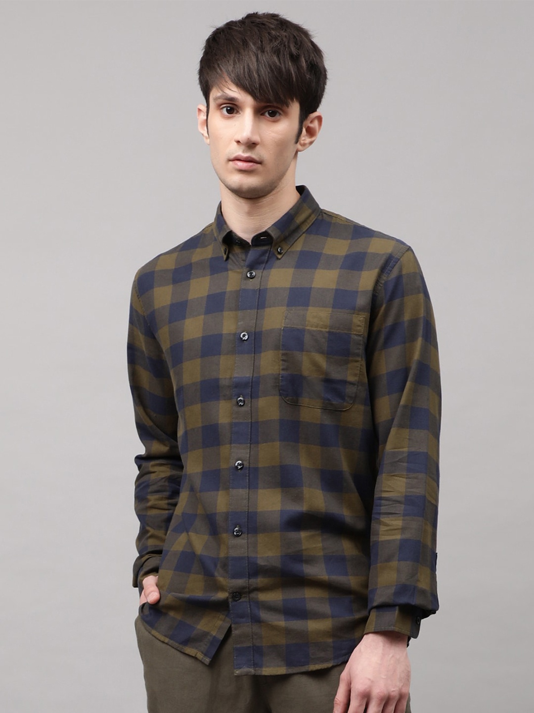 

Matinique Men Olive Green Checked Cotton Casual Shirt