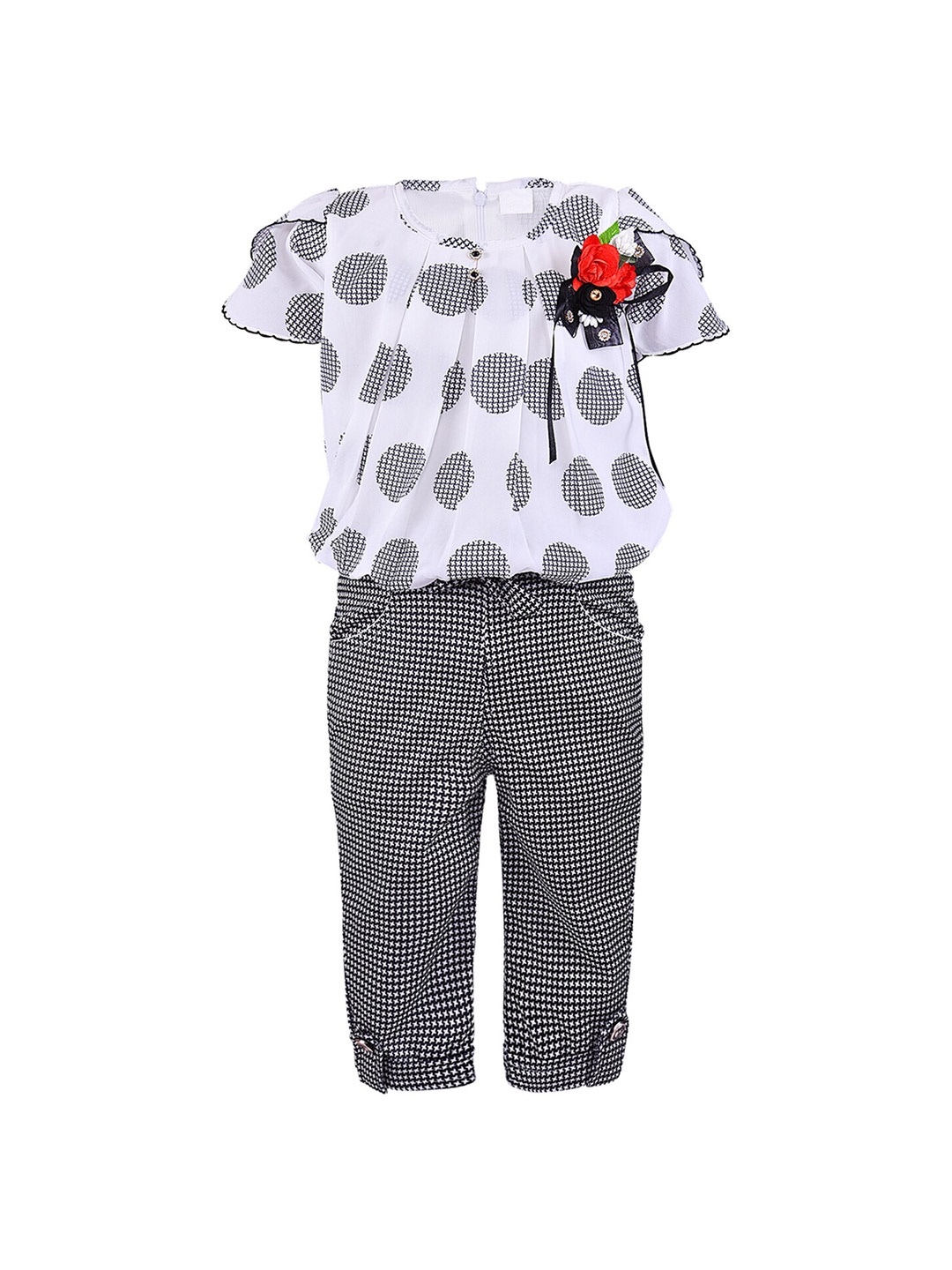 

Wish Karo Girls White & Grey Printed Top with Trousers
