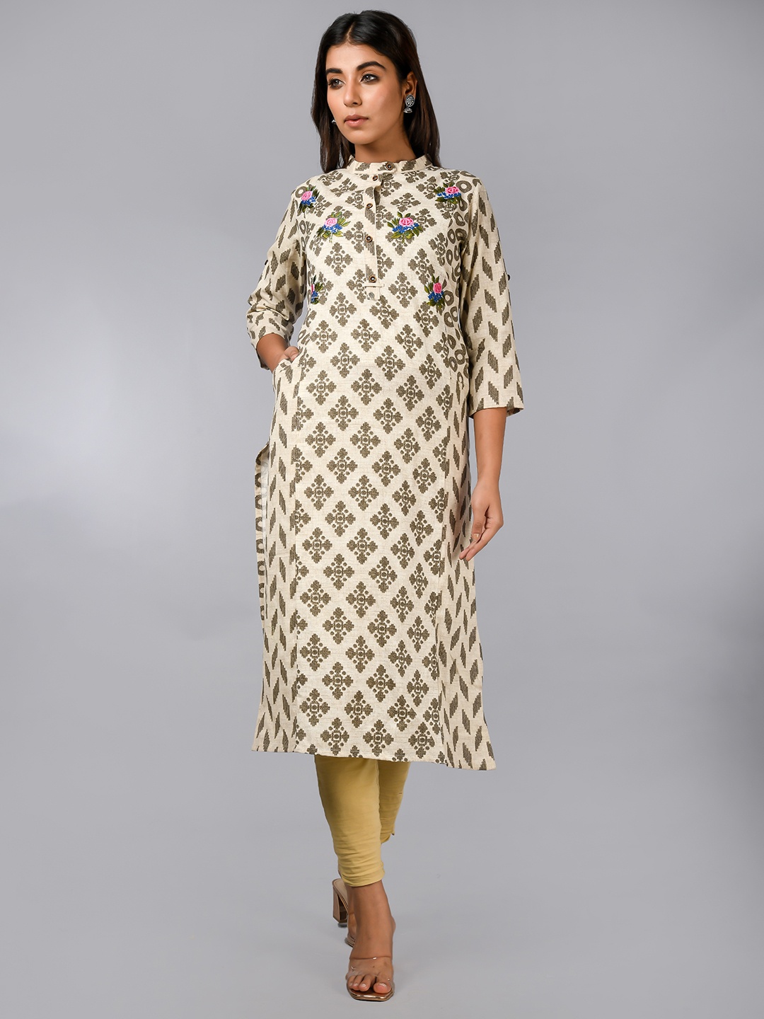 

FASHION DWAR Women Ethnic Motifs Printed Cotton Kurta, Beige