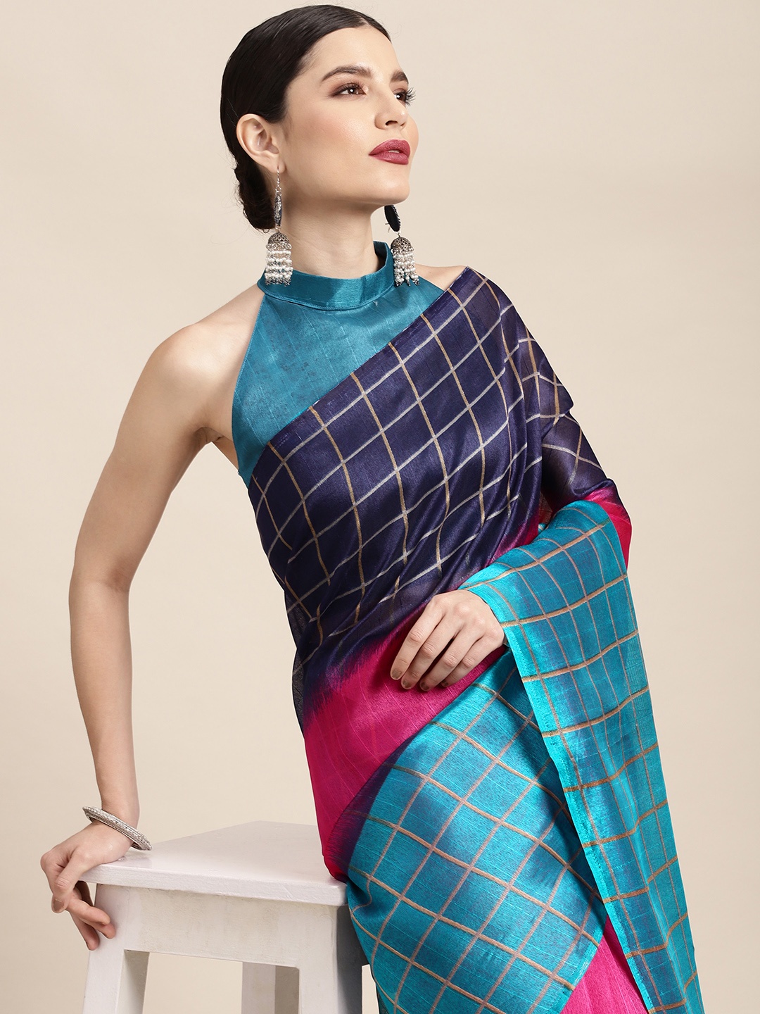 

KALINI Pink & Blue Checked Uppada Saree