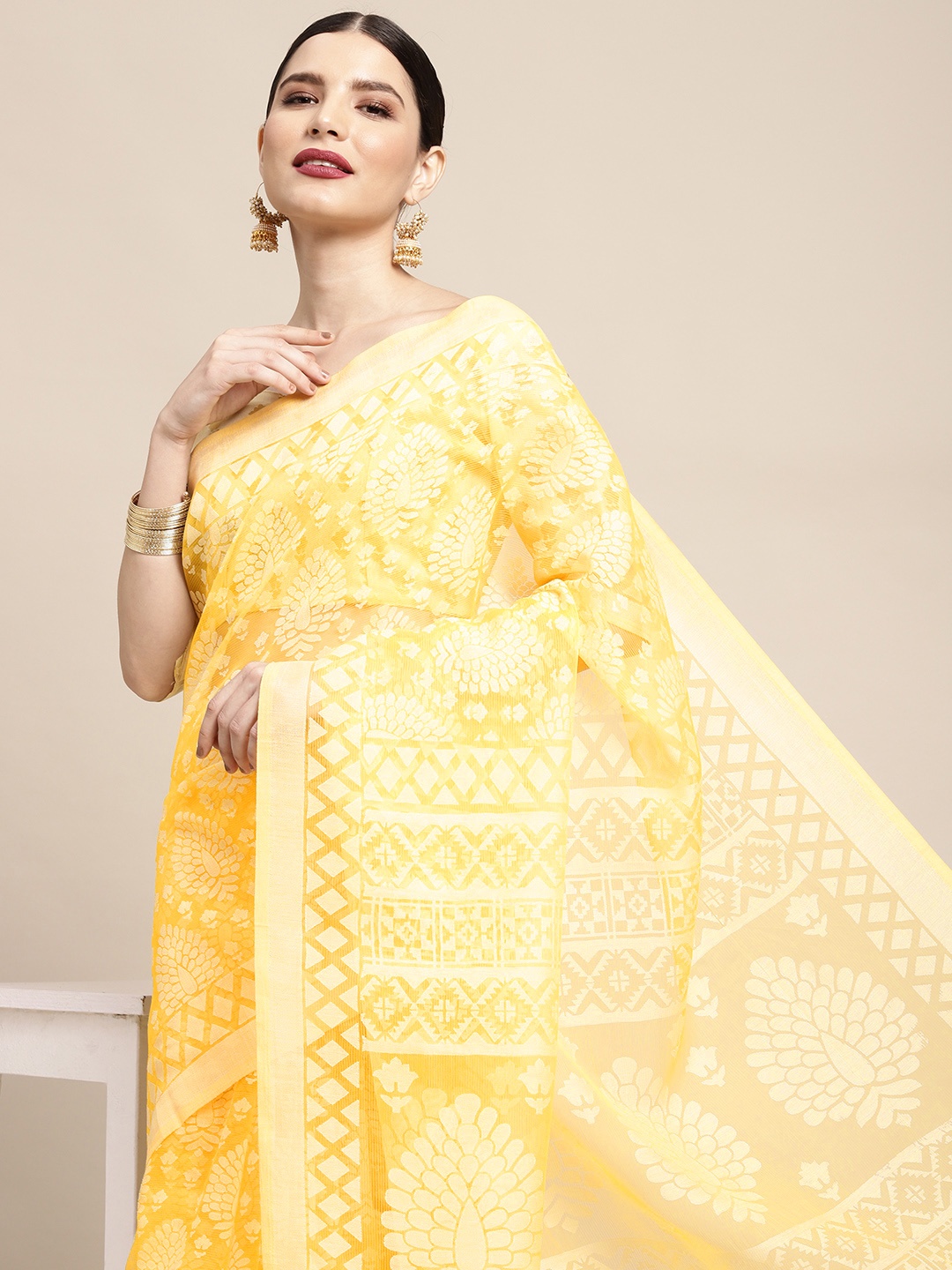 

KALINI Yellow Ethnic Motifs Woven Design Brasso Chanderi Saree