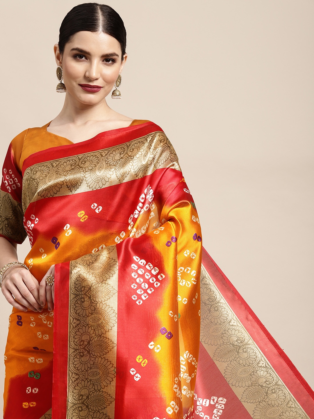 

KALINI Mustard & Red Bandhani Printed Saree