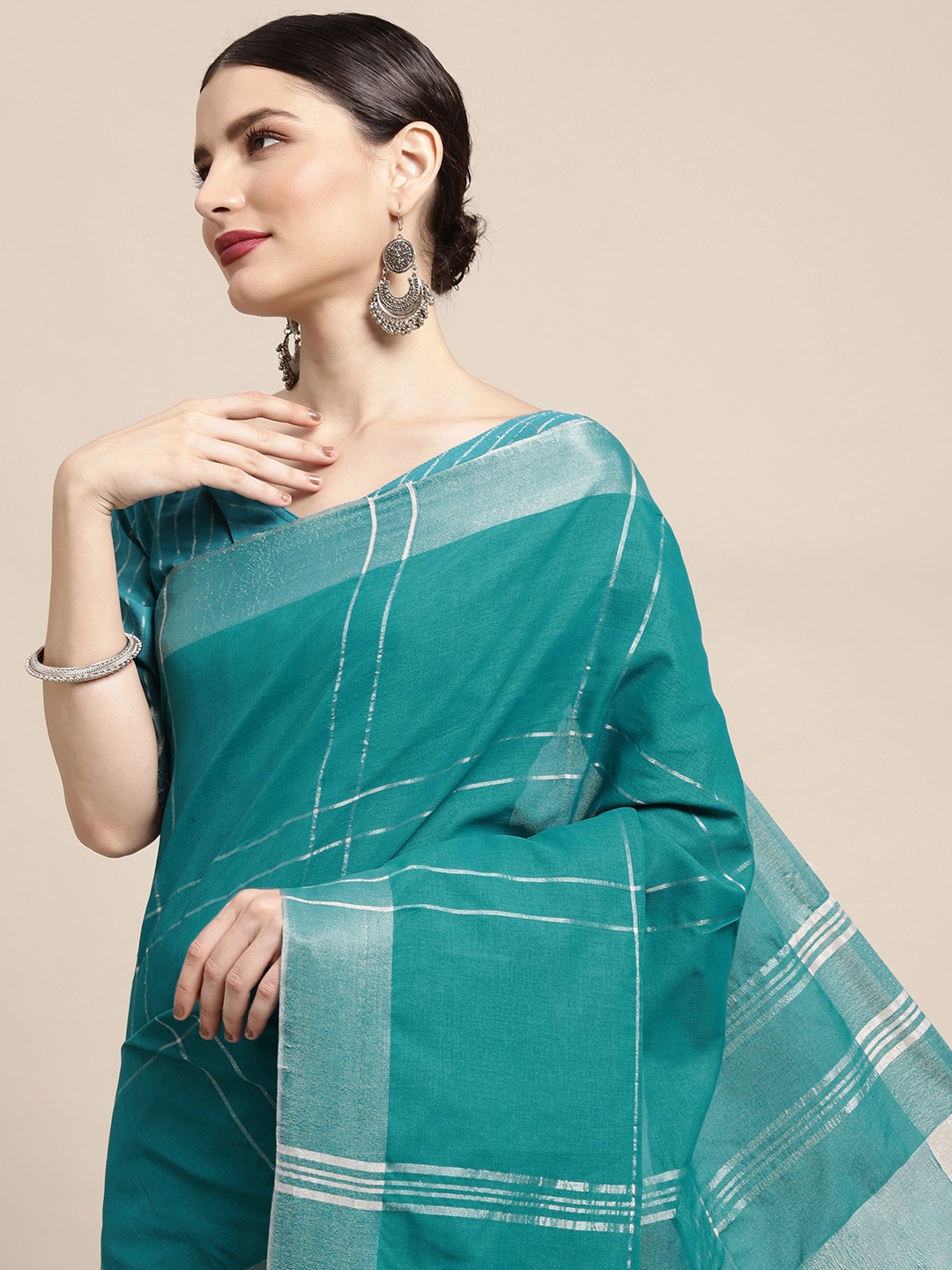 

KALINI Turquoise Blue & Silver Checked Uppada Saree