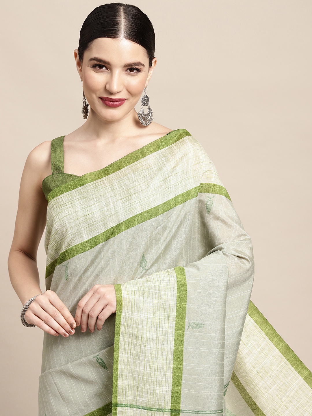 

KALINI Green & Grey Ethnic Motifs Woven Design Taant Saree