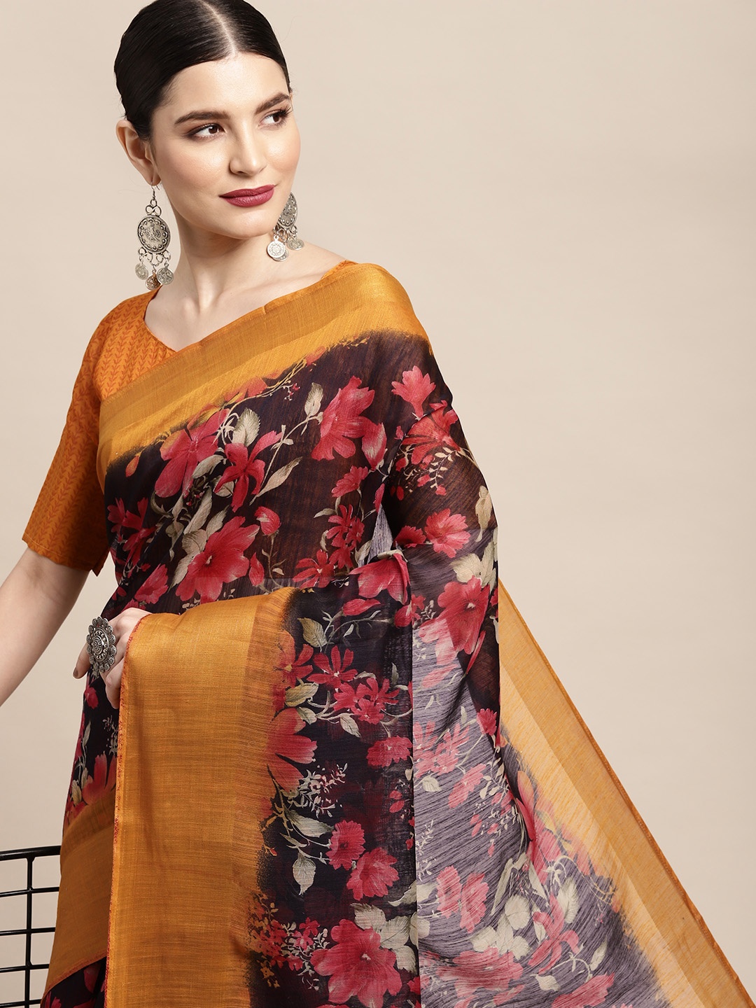 

KALINI Black & Pink Floral Printed Banarasi Saree