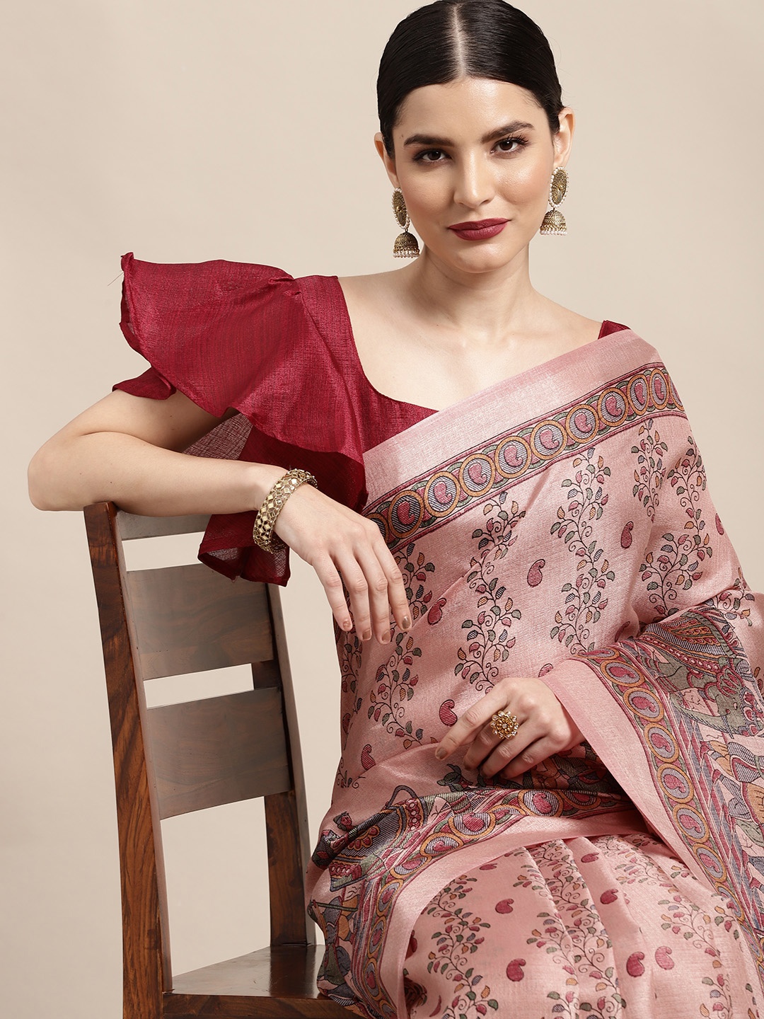 

KALINI Mauve & Maroon Ethnic Motifs Printed Tussar Saree