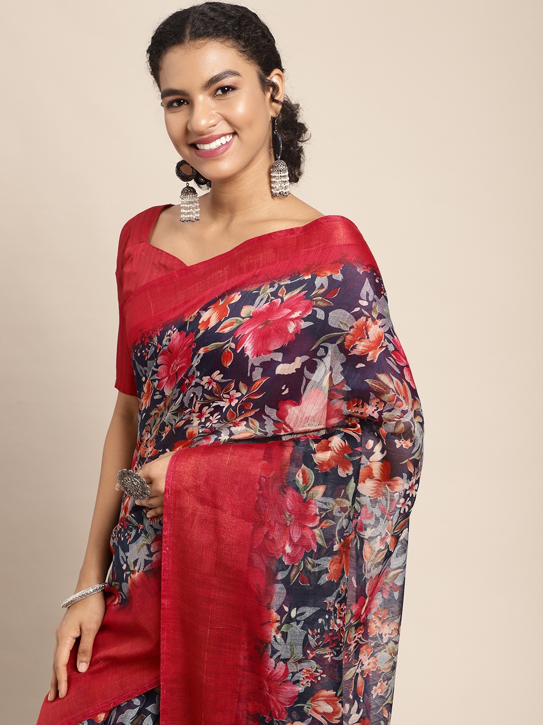 

KALINI Navy Blue & Red Floral Linen Blend Saree