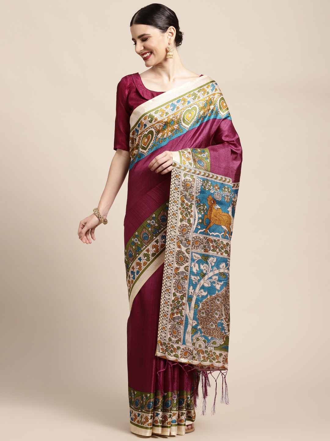 

KALINI Magenta & Blue Kalamkari Printed Banarasi Saree