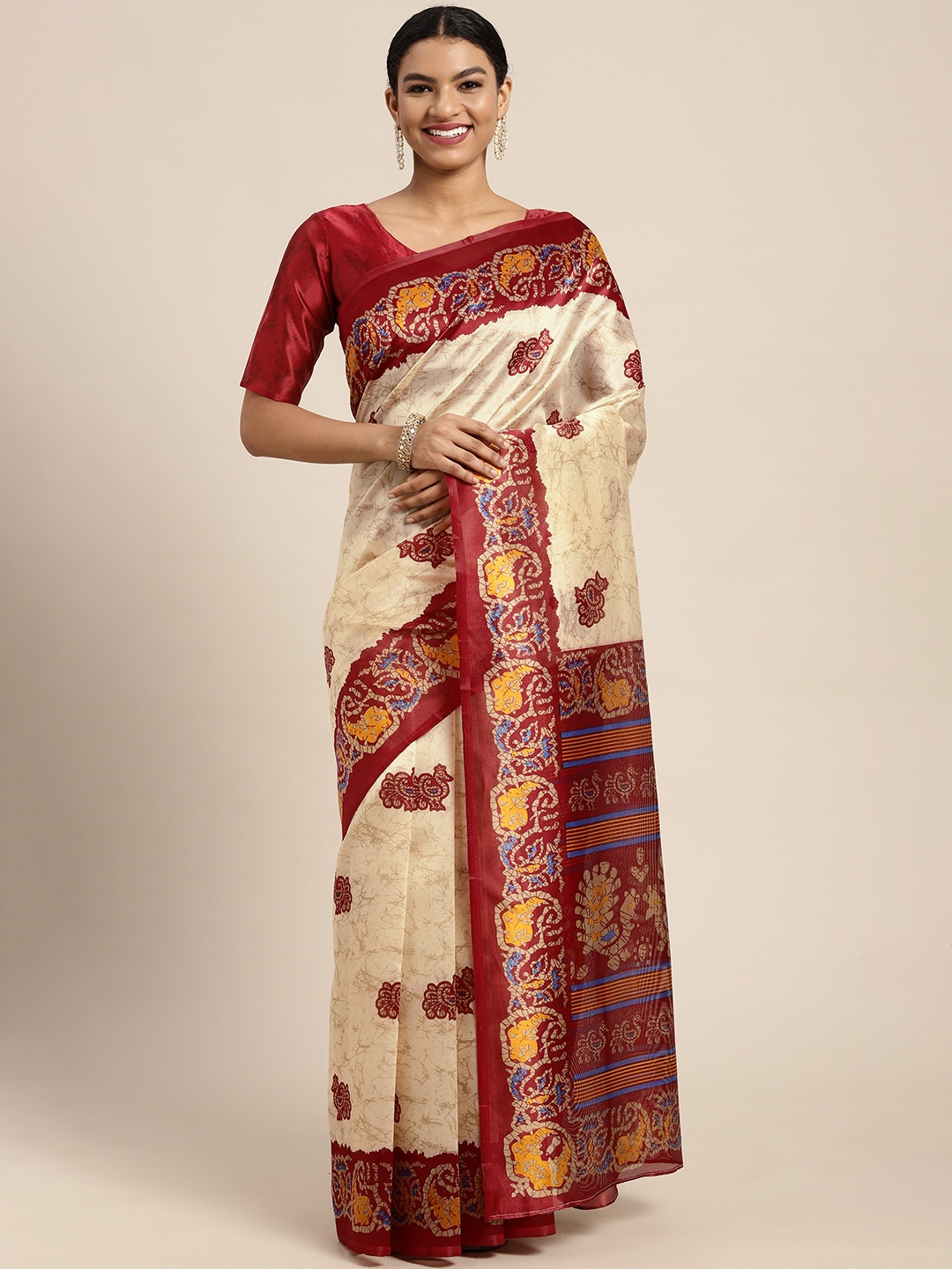 

KALINI Cream-Coloured & Red Ethnic Motifs Art Silk Saree