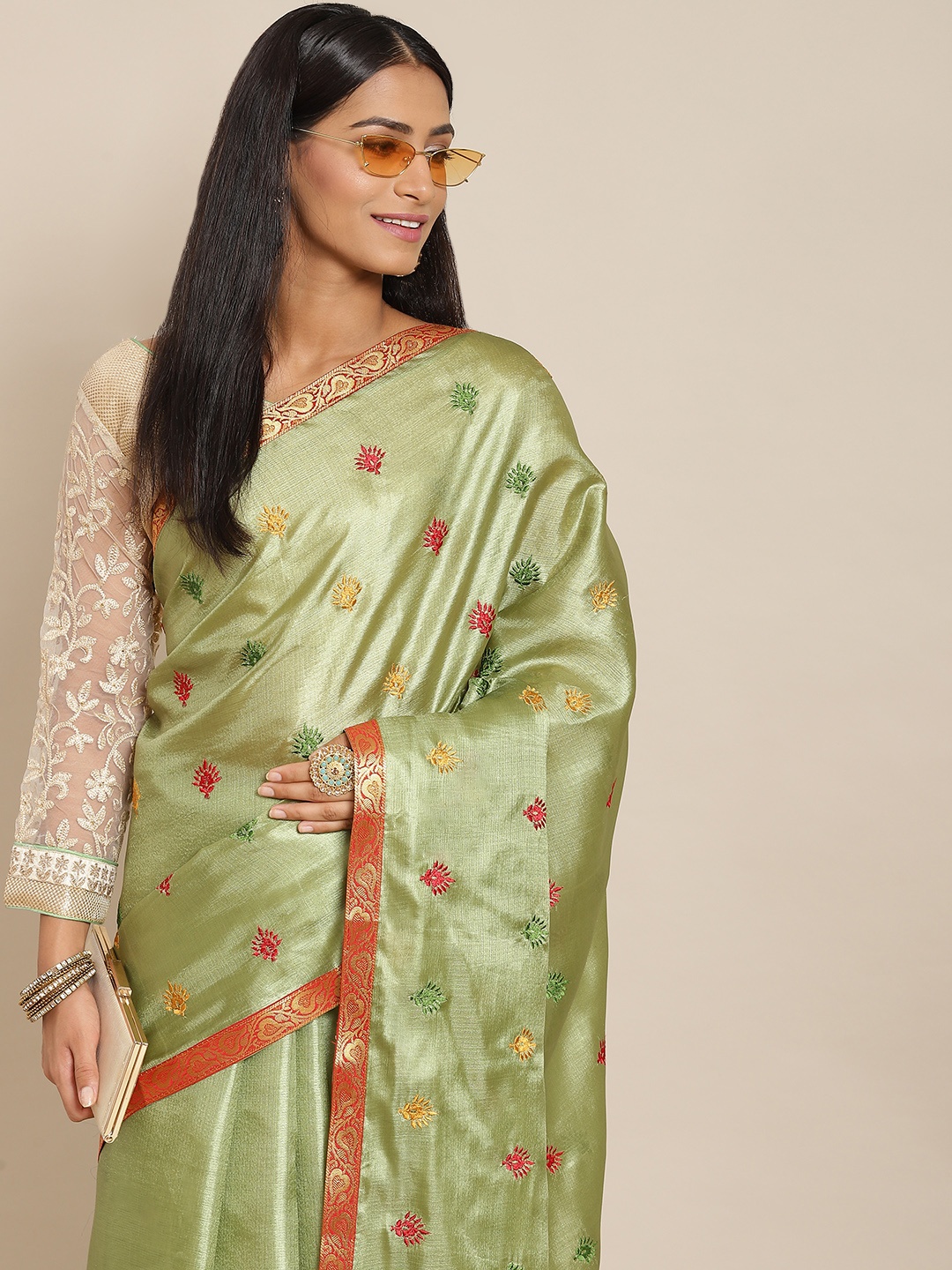 

KALINI Olive Green Ethnic Motifs Silk Blend Tussar Saree