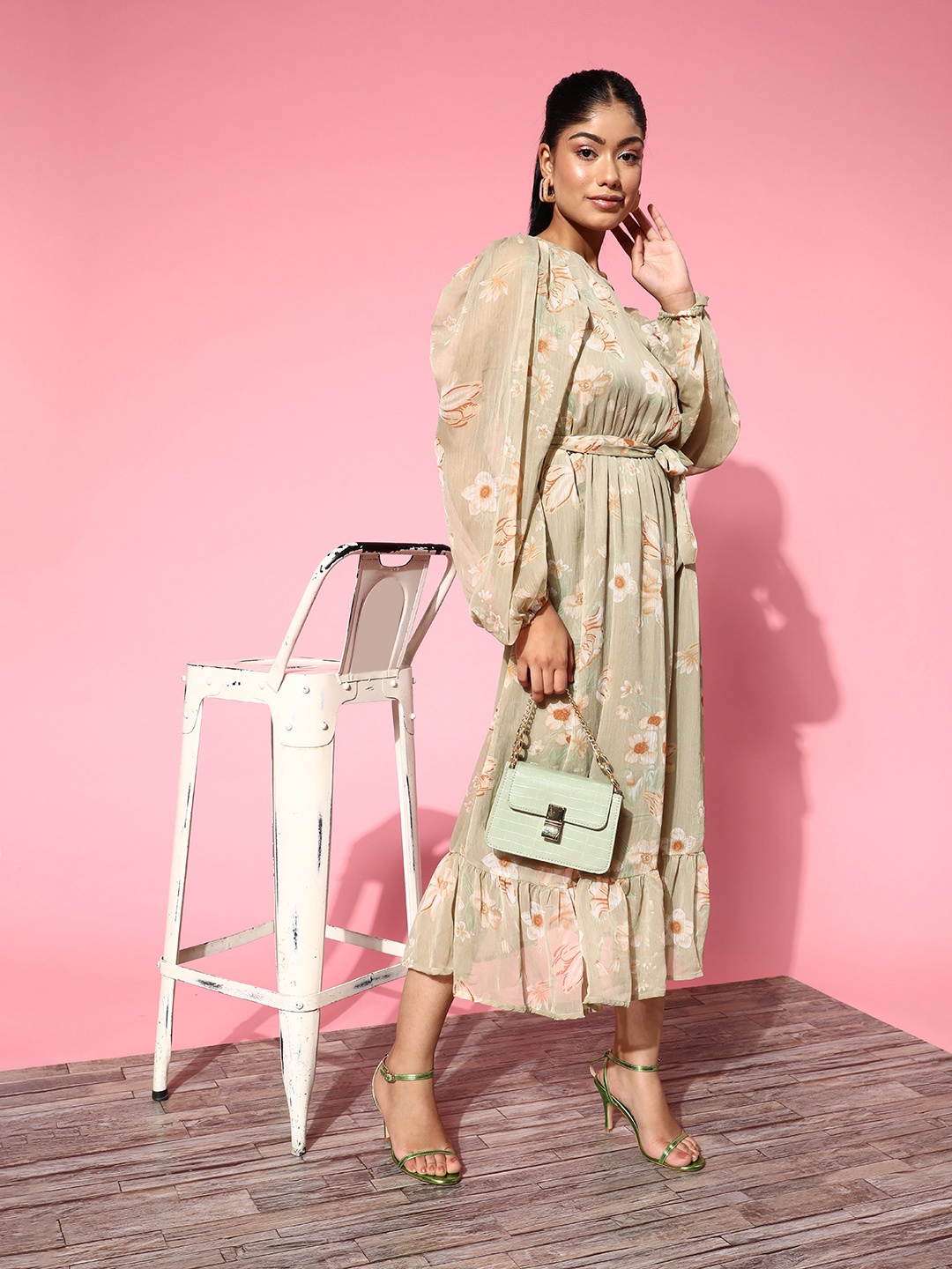 

plusS Women Green Floral Volume Play Dress
