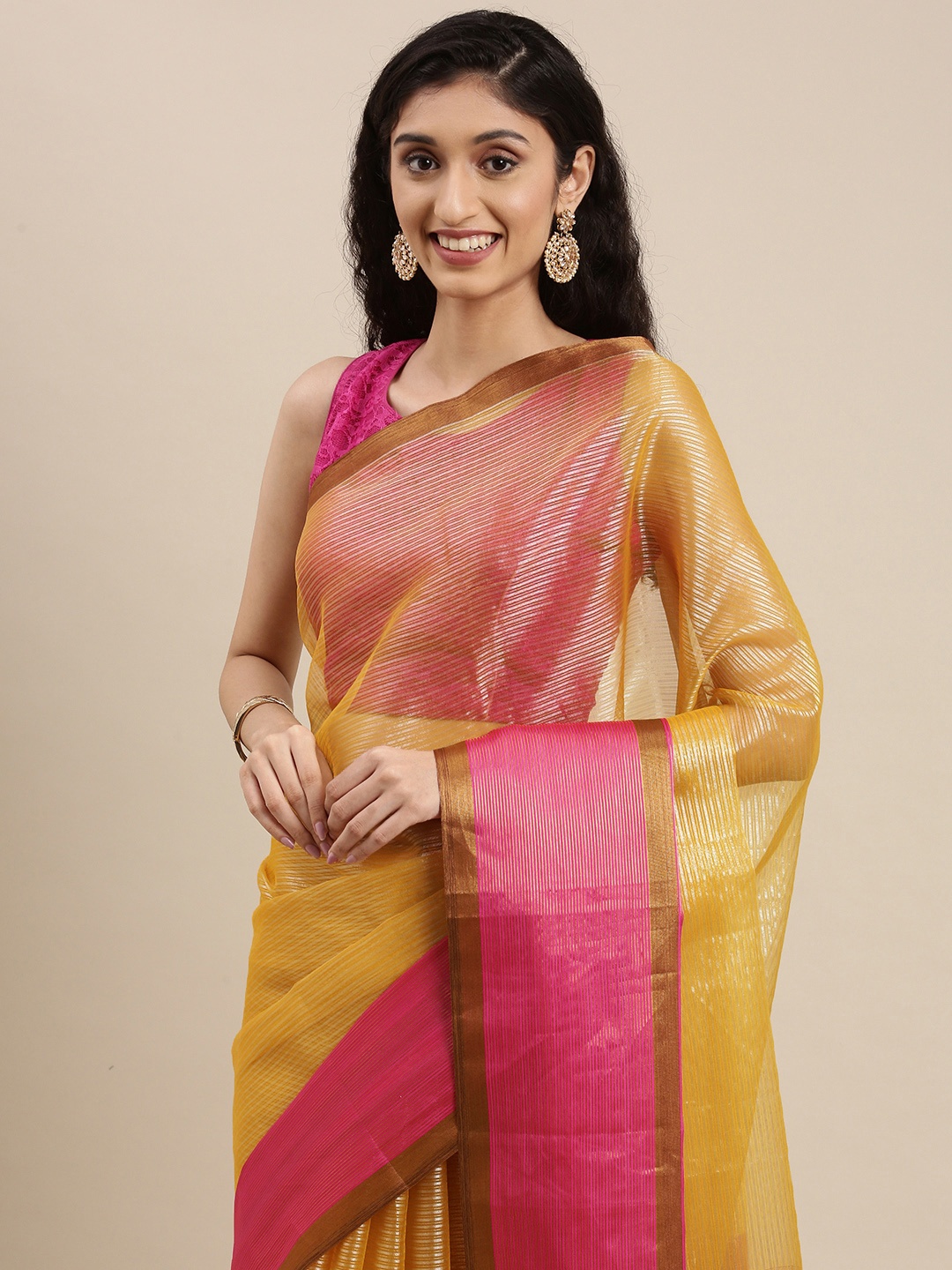 

PERFECTBLUE Yellow & Magenta Striped Zari Silk Cotton Saree