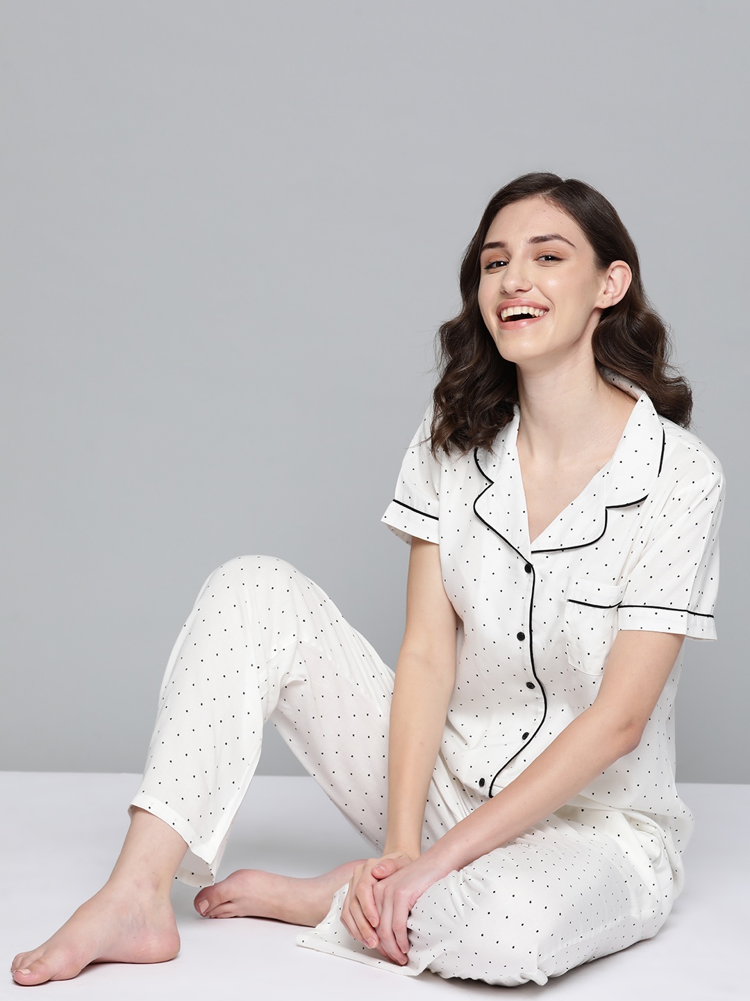 

HERE&NOW Women White & Black Polka Dots Printed Night suit