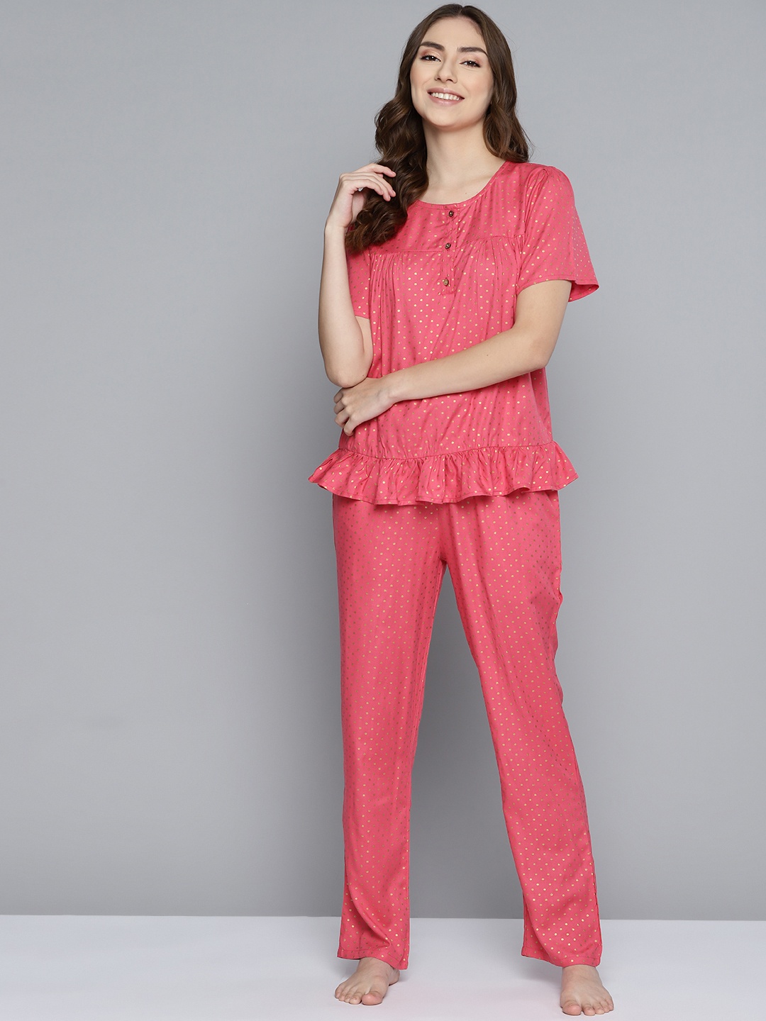 

HERE&NOW Women Pink & Golden Printed Night suit