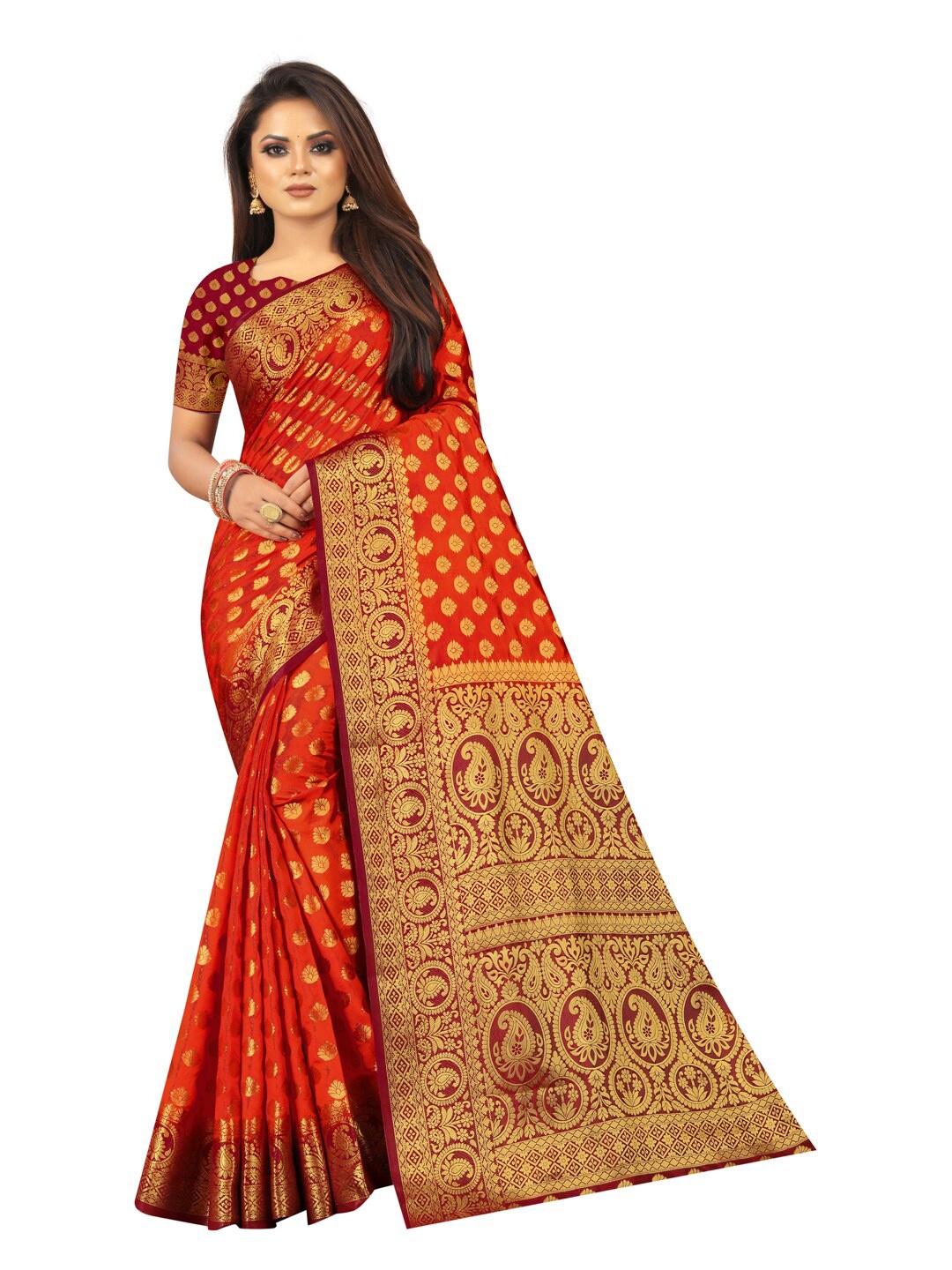 

PERFECT WEAR Orange & Red Ethnic Motifs Zari Silk Cotton Banarasi Saree