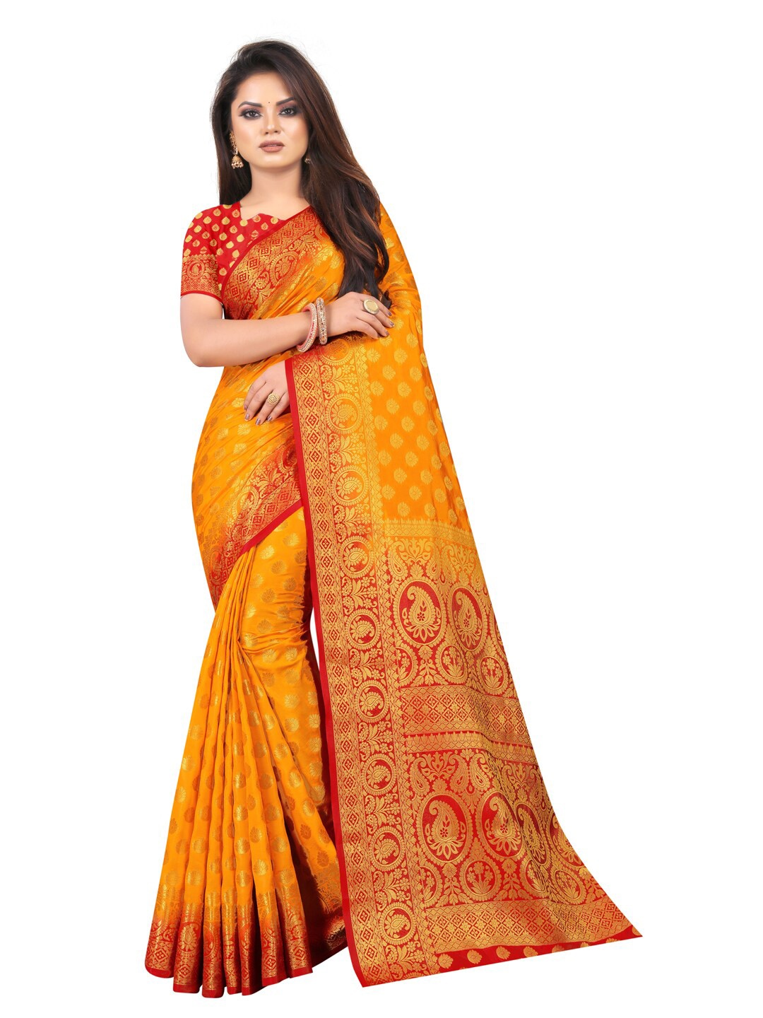 

PERFECT WEAR Orange & Red Ethnic Motifs Zari Silk Cotton Banarasi Saree