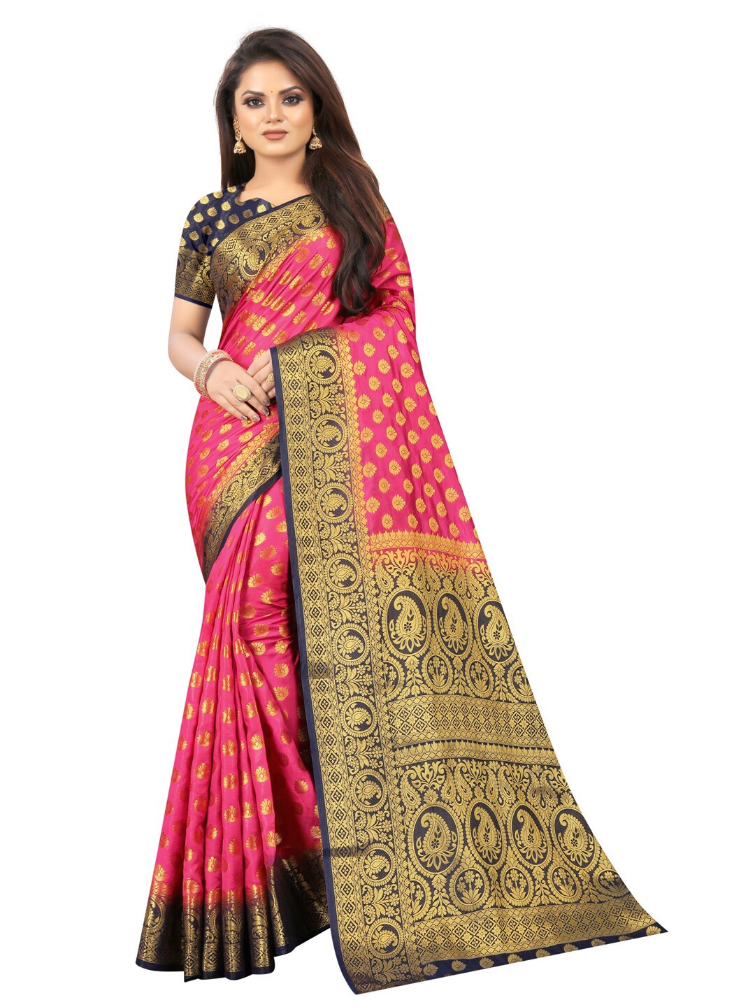 

PERFECT WEAR Pink & Gold-Toned Ethnic Motifs Zari Silk Cotton Banarasi Saree