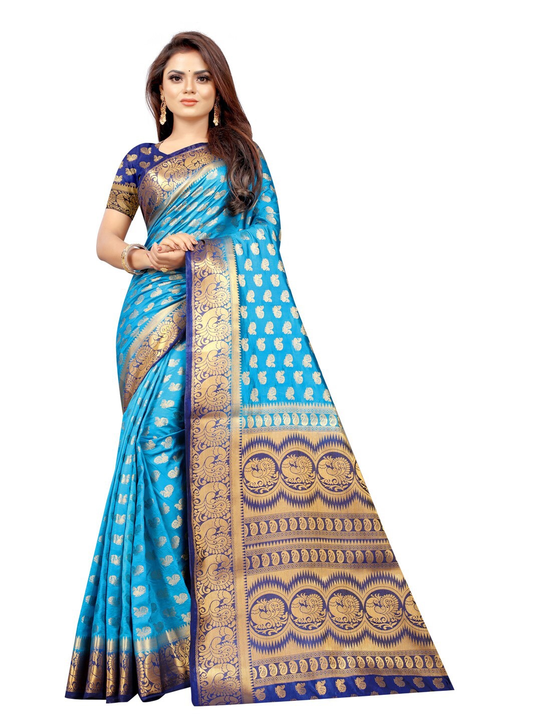 

PERFECT WEAR Turquoise Blue & Gold-Toned Ethnic Motifs Zari Silk Cotton Banarasi Saree