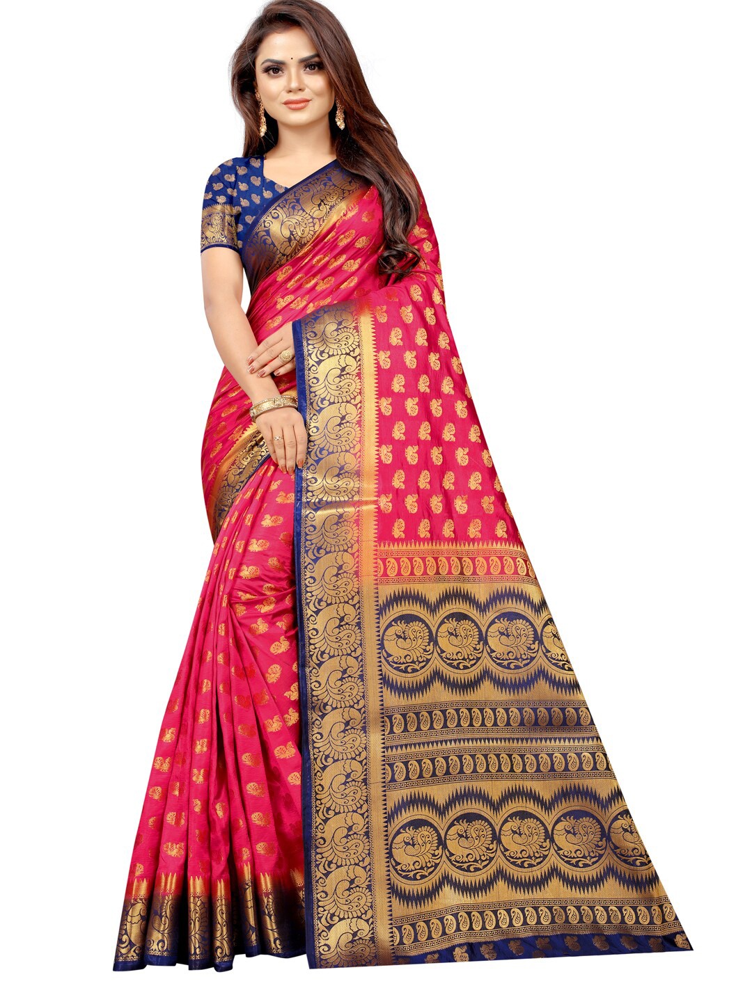 

PERFECT WEAR Pink & Blue Ethnic Motifs Zari Silk Cotton Banarasi Saree