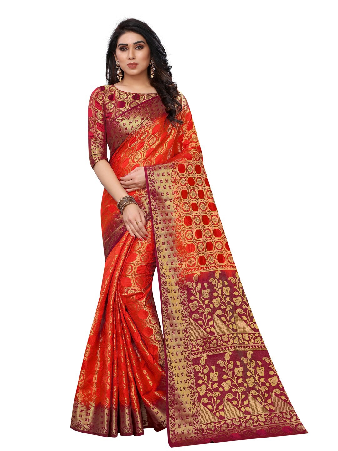 

PERFECT WEAR Rust & Golden Ethnic Motifs Zari Silk Cotton Banarasi Saree